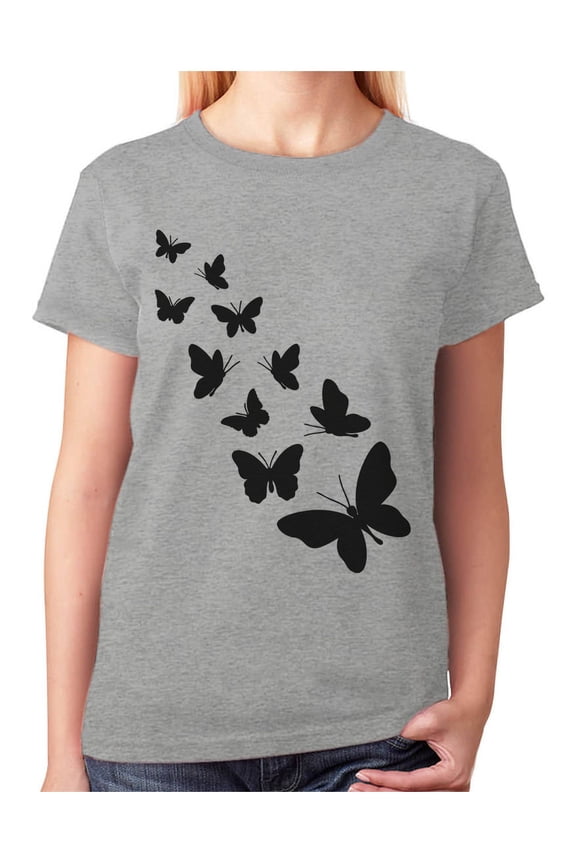 Womens Butterfly Graphic Shirt: Cute & Casual Summer Tee - Soft & Comfy Cotton T-Shirt with Colorful Butterfly Print Medium Gray