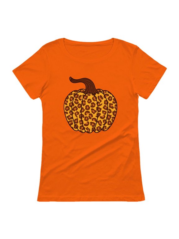 Womens Leopard Halloween Pumpkin Gifts for Her Graphic T Shirt Orange M