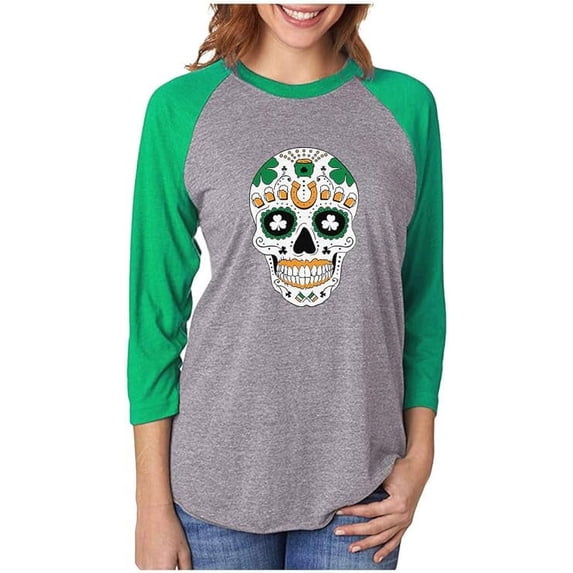 Tstars Womens St Patricks Day Gift Irish Sugar Skull Clovers St Patricks Day Shirts Gift for Her Irish Shirt Pride Proud Irish 3-4 Women Sleeve Raglan Shirt