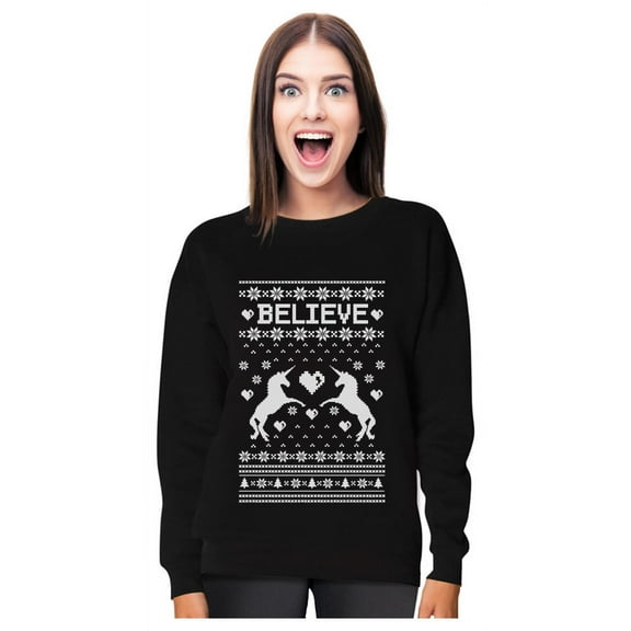 Tstars Womens Ugly Christmas Sweater Believe in Unicorns Christmas Gift Funny Humor Holiday Shirts Xmas Party Christmas Gifts for Her Women Sweatshirt Ugly Xmas Sweater