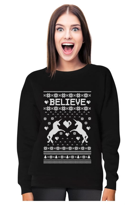 Womens Ugly Christmas Sweater Believe in Unicorns Christmas Gift Funny Humor Holiday Shirts Xmas Party Christmas Gifts for Her Women Sweatshirt Ugly Xmas Sweater