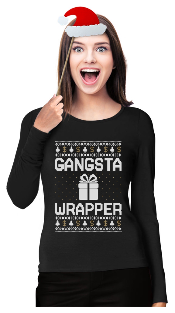 Tstars Womens Ugly Christmas Sweater Gangsta Wrapper Christmas Gift Funny Humor Holiday Shirts Xmas Party Christmas Gifts for Her Women Long Sleeve T Shirt Ugly Xmas Sweater - image 1 of 5
