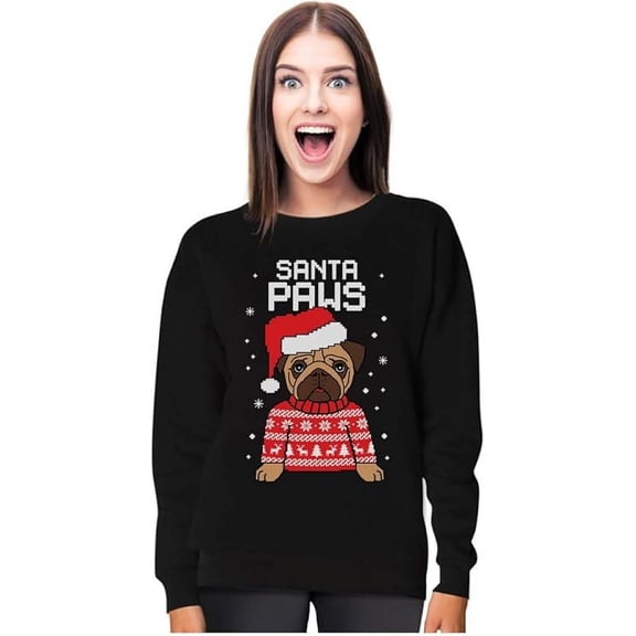 Tstars Womens Christmas Sweatshirt Gift for Dog Lover Pug Fans Santa Paws Holiday Shirt Xmas Party