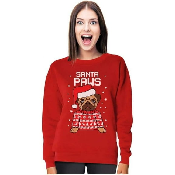 Tstars Womens Christmas Sweatshirt Gift for Dog Lover Pug Fans Santa Paws Holiday Shirt Xmas Party