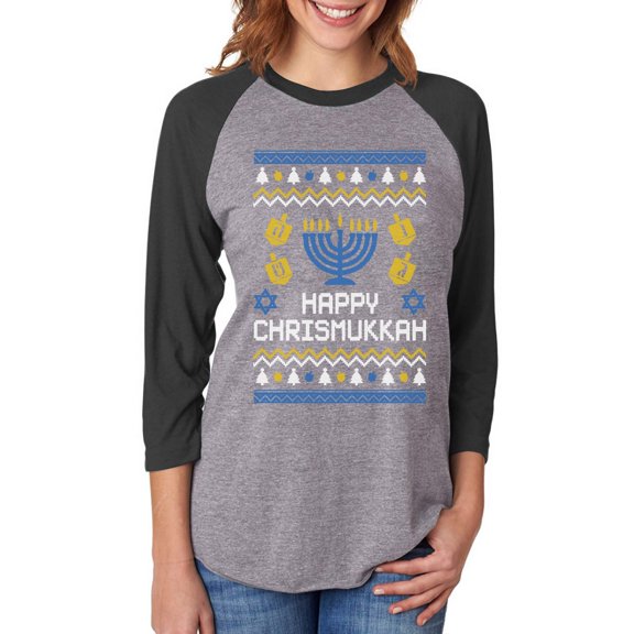 Tstars Womens Ugly Christmas Sweater Happy Chrismukkah Hanukkah Christmas Gift Funny Humor Holiday Shirts Xmas Party Christmas Gifts for Her 3-4 Women Sleeve Baseball Jersey Shirt Ugly Xmas Sweater