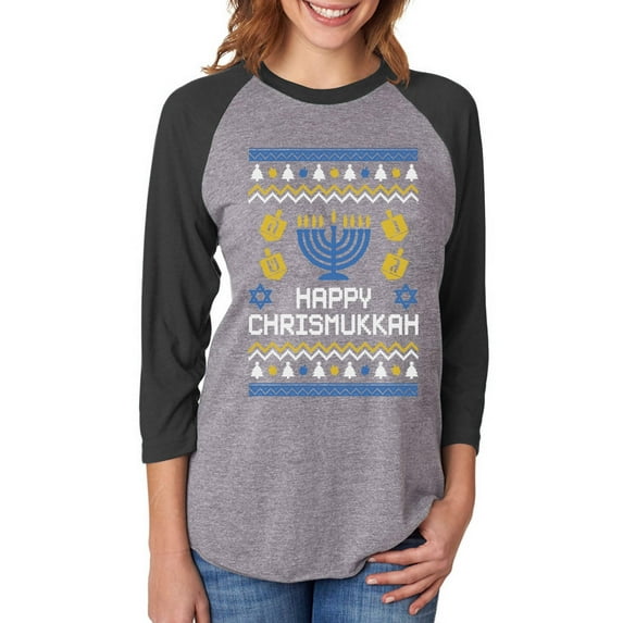 Tstars Womens Ugly Christmas Sweater Happy Chrismukkah Hanukkah Christmas Gift Funny Humor Holiday Shirts Xmas Party Christmas Gifts for Her 3-4 Women Sleeve Baseball Jersey Shirt Ugly Xmas Sweater