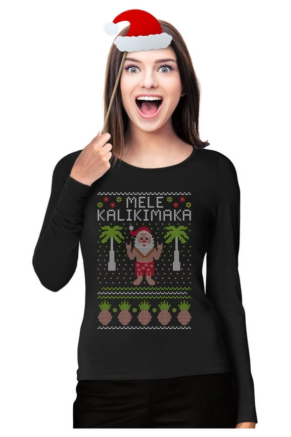 Womens Ugly Christmas Sweater Mele Kalikimaka Hawaiian Santa Christmas Gift Funny Humor Holiday Shirts Xmas Party Christmas Gifts for Her Women Long Sleeve Graphic T Shirt Ugly Xmas Sweater