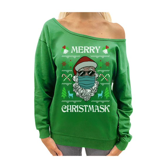 Tstars Womens Ugly Christmas Sweater Merry Christmask Quarantine Christmas Gift Funny Humor Holiday Shirts Xmas Party Christmas Gifts for Her Off Shoulder Sweatshirt Ugly Xmas Sweater