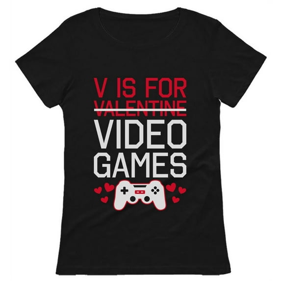 Tstars Womens Valentine's Day Love V Is for Video Games Funny Humor Gamer Cute Gift Idea for Her Wife Women T Shirt