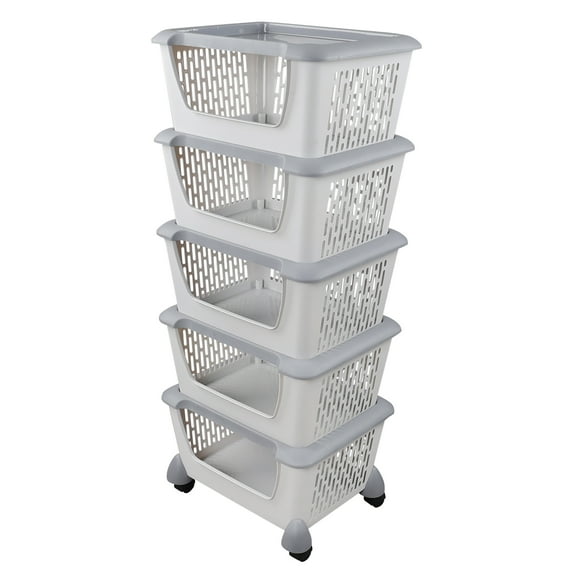 Tstorage 5-tier Stacking Storage Basket Tower with Wheels, Plastic Open Stacking Basket, Grey