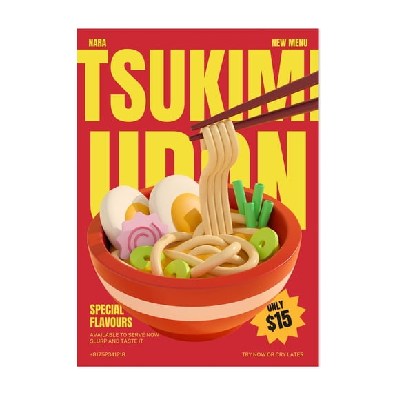 Tsukimi Udon Menu - Typography Pop Art Modern Art Kitchen Decor Humor Quote Surrealism Unframed Wall Art Print 20 x 30 inches