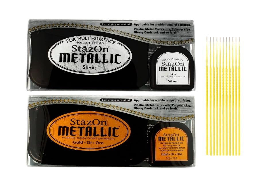 Tsukineko StazOn Metallic Bundle - StazOn Gold SZ-000-191 and Silver SZ-000-192 Inkpad with Inker with Trebbies Fine Detail Sticks