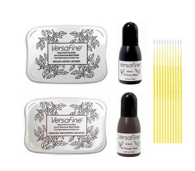 Tsukineko VersaFine Bundle - Onyx Black and Vintage Sepia Versafine Full-Size Inkpads with Versafine Re-Inkers and Trebbies Detail Sticks
