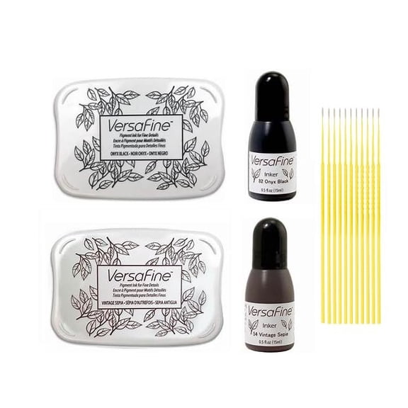 Tsukineko VersaFine Bundle - Onyx Black and Vintage Sepia Versafine Full-Size Inkpads with Versafine Re-Inkers and Trebbies Detail Sticks