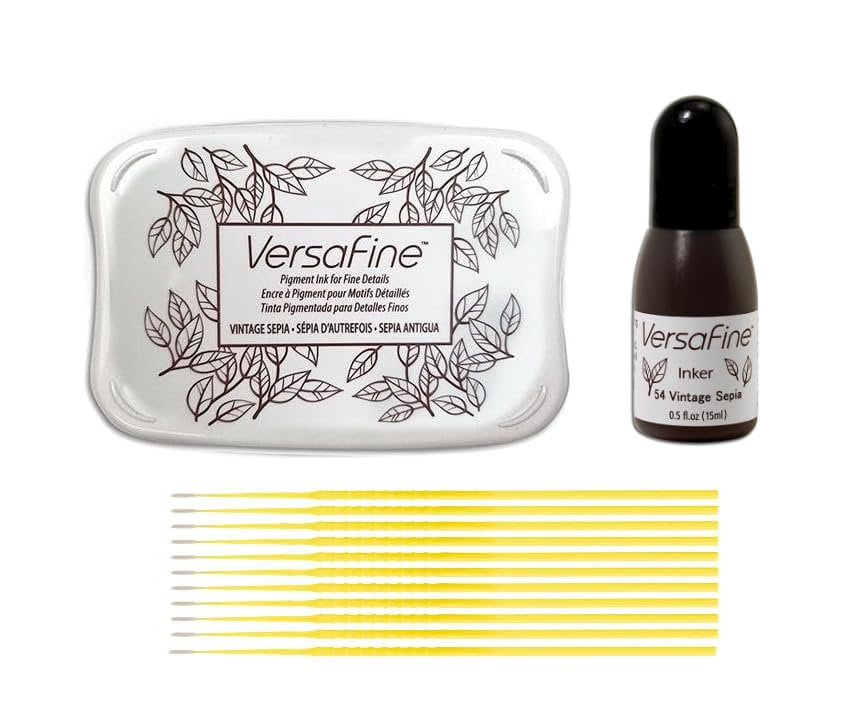 Tsukineko VersaFine Bundle - Vintage Sepia Versafine Full-Size Inkpad with Versafine Re-Inker and Trebbies Fine Detail Sticks
