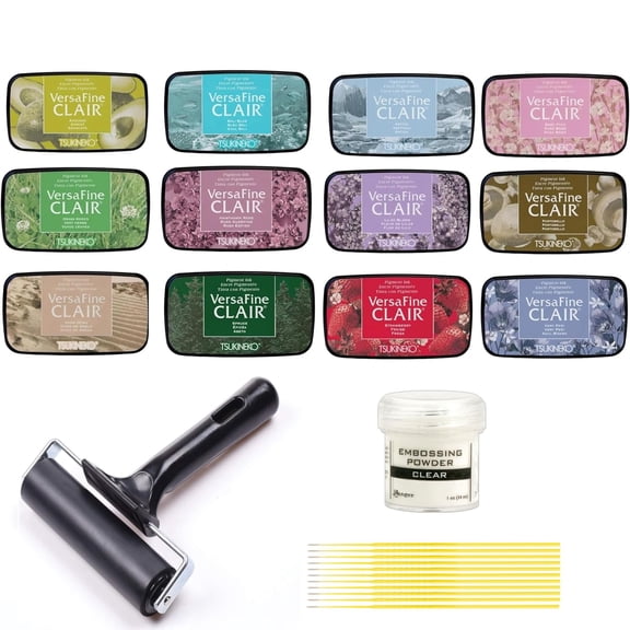 Tsukineko Versafine Clair Bundle - 12 Tsukineko Versafine Clair Ink Pads, Released 2024, with Ranger Clear Embossing Powder, Rubber Roller Brayer and Trebbies Detail Sticks