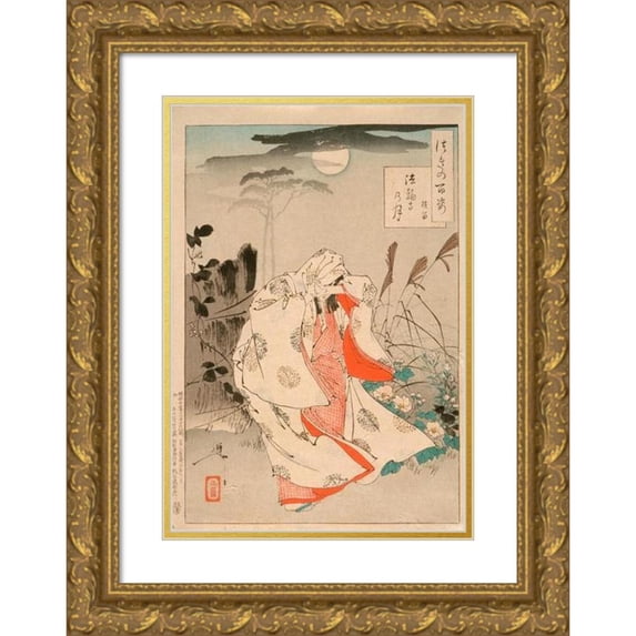 Tsukioka Yoshitoshi 11x14 Gold Ornate Wood Frame and Double Matted Museum Art Print Titled - Yokobue Waiting from Takiguchi Tokiyori by Moonlight at Horinji (1890)