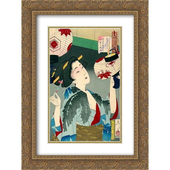 Tsukioka Yoshitoshi 2x Matted 20x24 Gold Ornate Framed Art Print 'Looking capable - The Appearance of a Kyoto Waitress in the Meiji era'