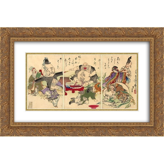 Tsukioka Yoshitoshi 2x Matted 24x16 Gold Ornate Framed Art Print 'The Seven Lucky Gods'
