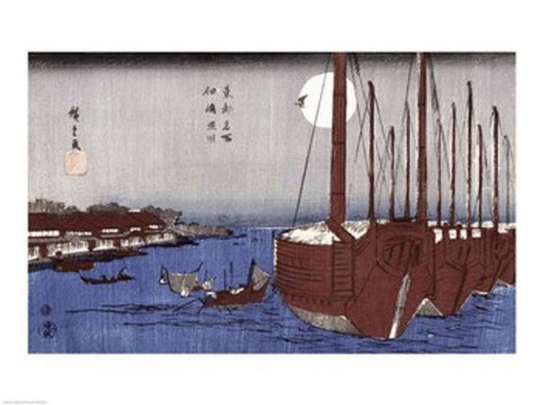 Tsukudajima island and the Fukagawa district under the full moon Canvas Art - Utagawa Hiroshige (24 x 18)