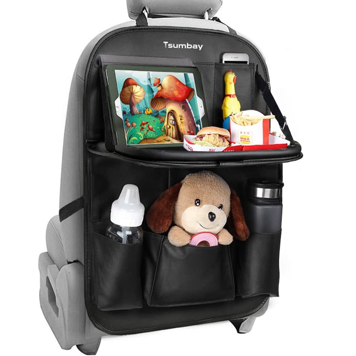 Tsumbay PU Leather Car Backseat Organizer with Table Holder 9 Pockets Foldable Tray Walmart