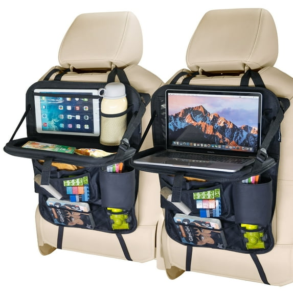 Tsumbay 2 Pack Car Back Seat Organizer with Tablet Holder + 9 Storage Pockets, Foldable Table Tray, Car Seat Back Protectors Kick Mats Travel Accessories