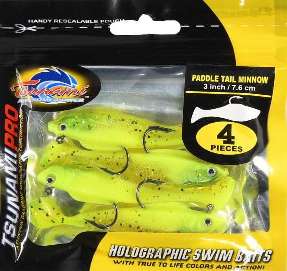 Tsunami Paddle Tail Minnow Fishing Lure – 3" Chartreuse/Gold, 4-pack