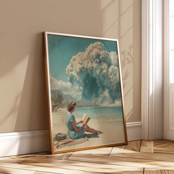 Tsunami Beach Vintage Woman Reading Surreal Ocean Wave Dark Coastal Decor, Stretched Canvas 16x20in