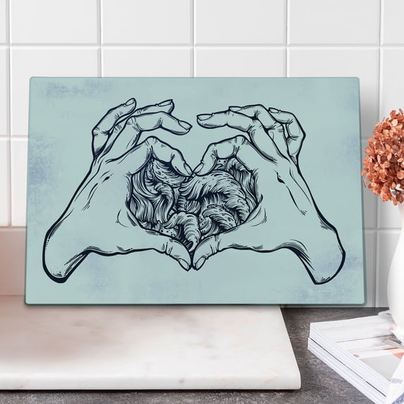 Tsunami Cutting Board, Hands Making Heart Sign with Drawn Ocean Wave in the Night Storm Sea Illustration, Decorative Tempered Glass Cutting and Serving Board, in 3 Sizes, by Ambesonne