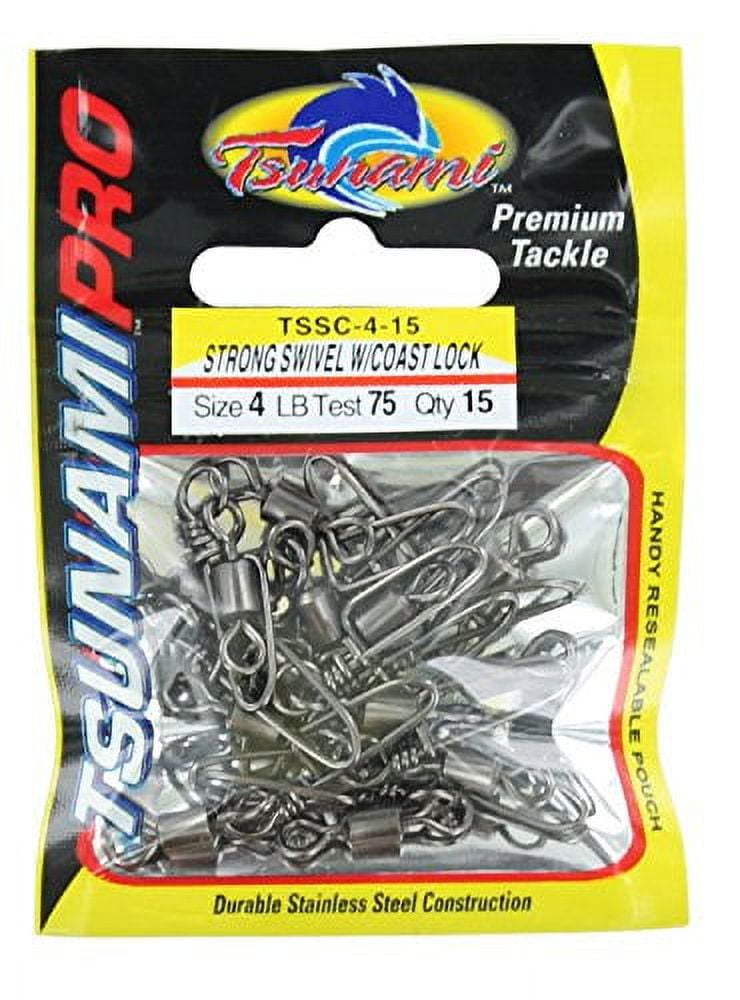 Tsunami Fishing Swivel w/Coast Lock Snap Size 4 15 pack 75lb TSSC-4-15 