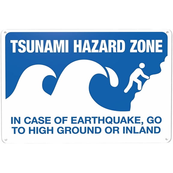 Tsunami Hazard Zone in Case of Earthquake Go to High Ground Or Inland Warning Sign - 8"x12" Tin Metal Vintage Decor, for Home Farm Bar Coffee
