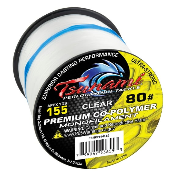 Tsunami Premium Monofilament Fishing Line, Clear, 1/4 lb Spool, 80 lb Test