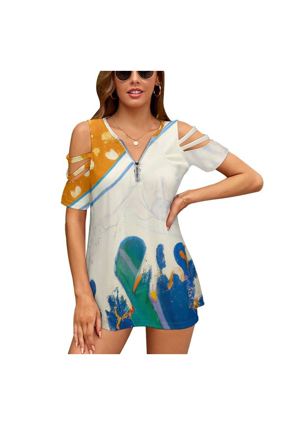 Tsunami Ruffle Short Sleeve T Shirts Summer V Neck Tops Fashion Casual Tee Shirt Beach Wave Wavy Surf Surfing Ocean Sea