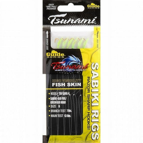 Tsunami Sabiki Rigs Glow Foil,Green Glow Head, 6 Lures