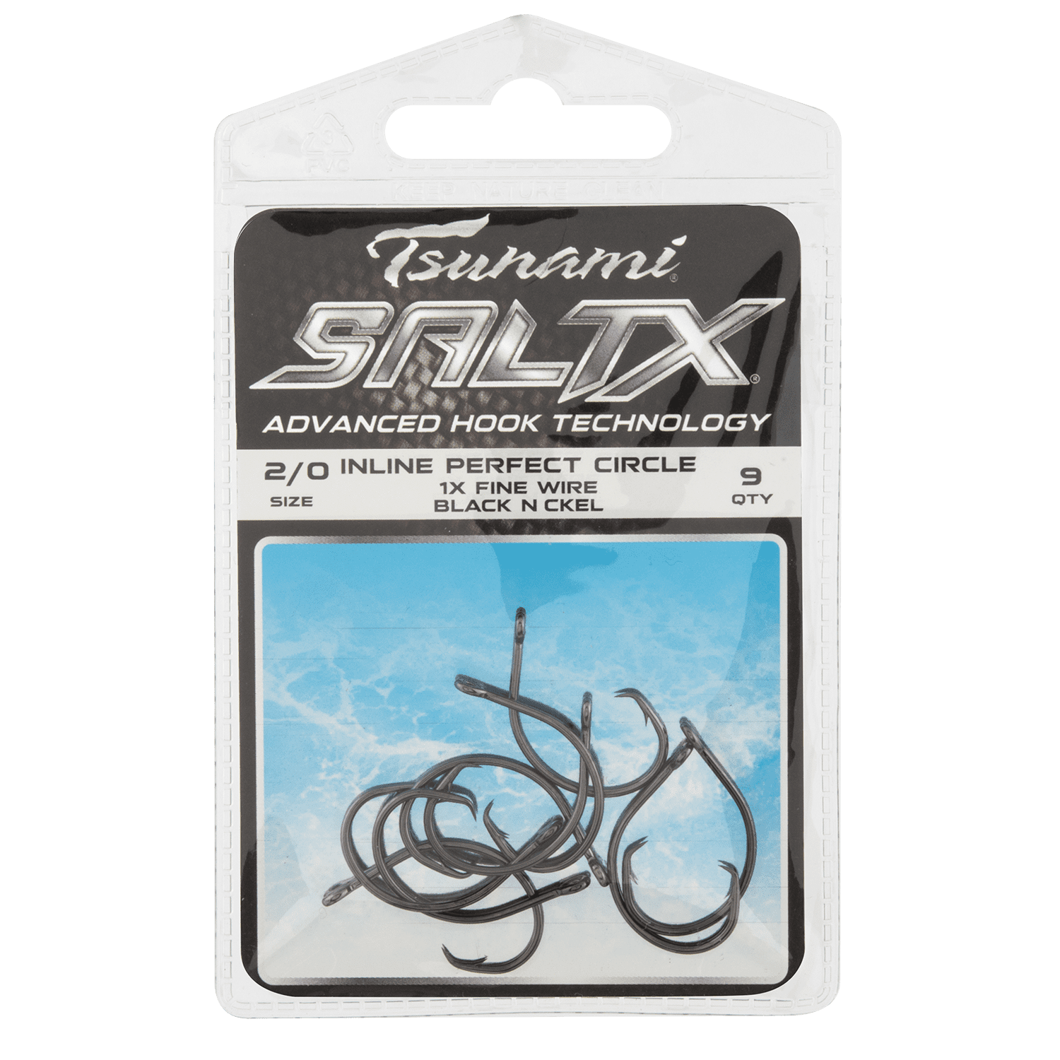 Tsunami SaltX Inline Perfect Circle Fishing Hook, 8/0 Size, Black Nickel, 1X Fine Wire, 6-Pack