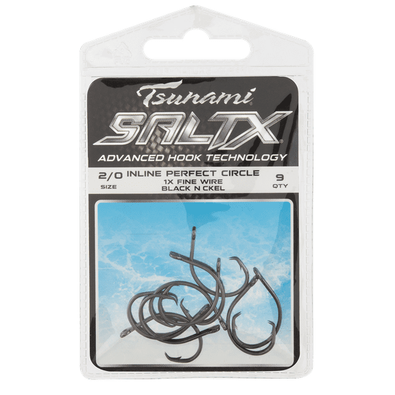 Tsunami SaltX Inline Perfect Circle Fishing Hook, 8/0 Size, Black Nickel, 1X Fine Wire, 6-Pack