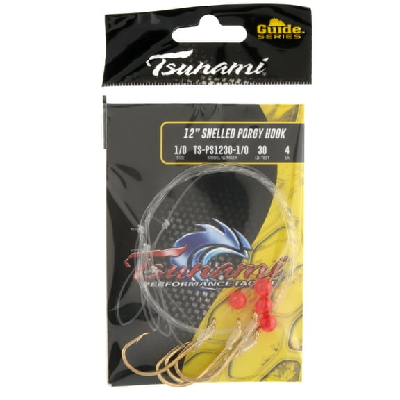 Tsunami Snelled Porgy Hook 1/0 Size, 12'' Leader, 30 lb. Test