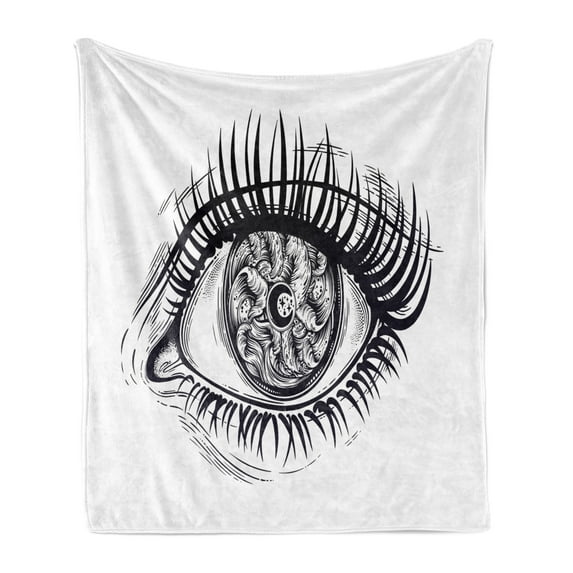 Tsunami Soft Flannel Fleece Throw Blanket, Wave Inside Woman Eye in Stormy Sea with Moon Line Art Drawing Boho, Cozy Plush for Indoor and Outdoor Use, 60" x 80", Black White, by Ambesonne