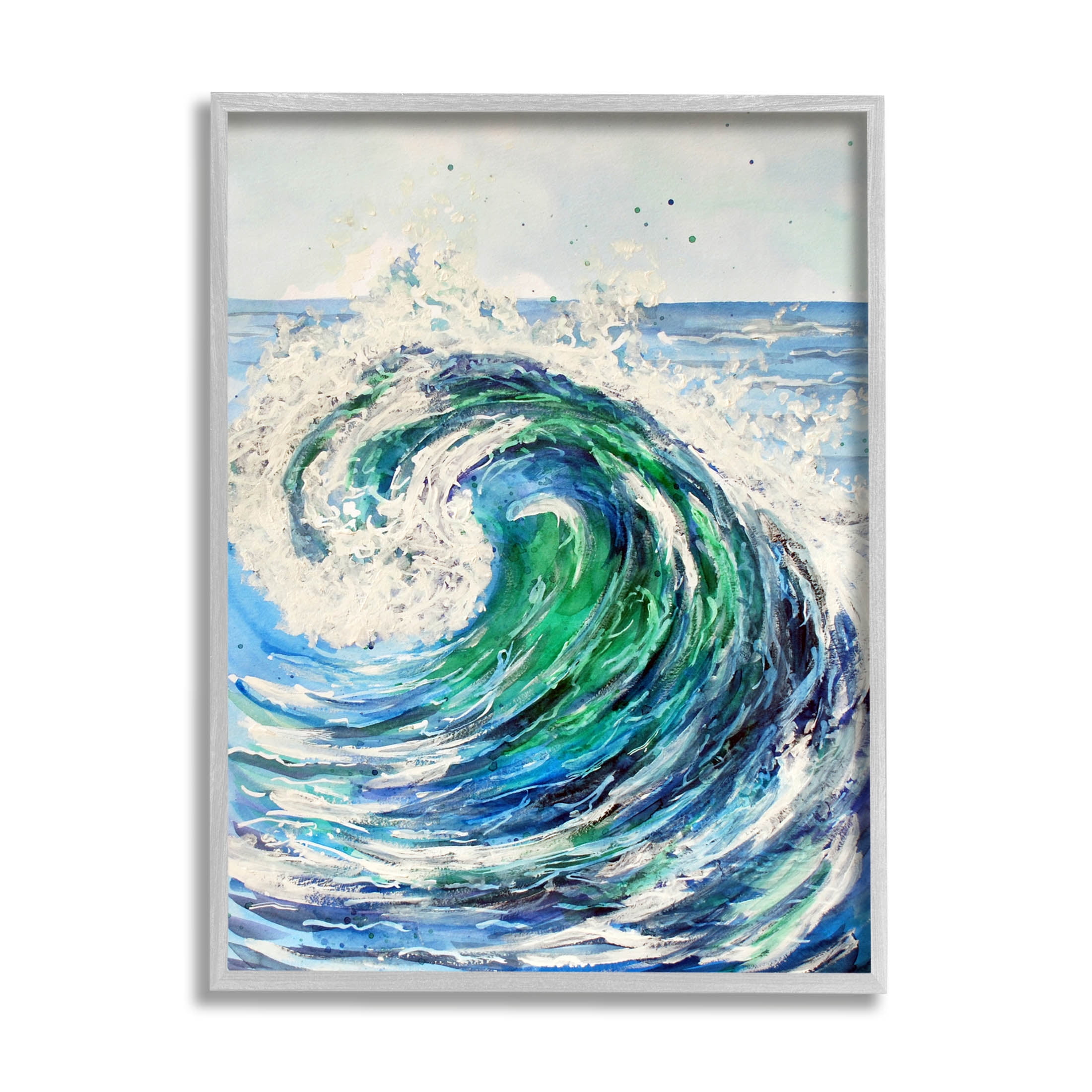 Tsunami Wave Ocean Splash Coastal Painting Gray Framed Art Print Wall Art