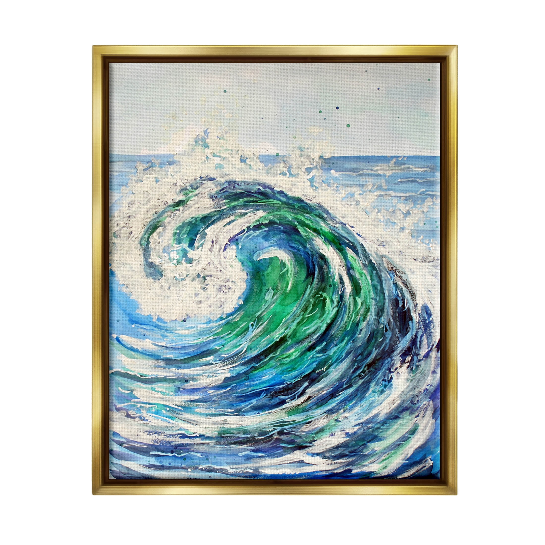 Tsunami Wave Ocean Splash Coastal Painting Metallic Gold Framed Art Print Wall Art