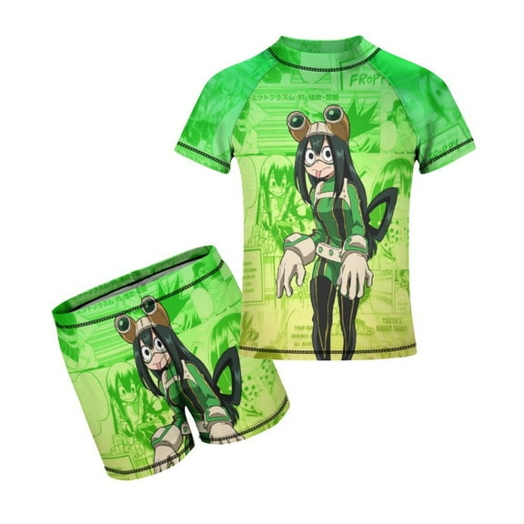 Tsuyu Asui Boys Rash Guard Set 2 Piece Swimsuits Short Sleeve Bathing Suits with Trunks