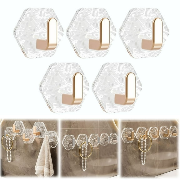Tswift Hexagon Adhesive Wall Hooks, 5-Pack Water-Ripple Gold Hooks, Damage-Free Heavy-Duty Stick-On Holder for Keys Towels Robe, Rent-Safe Bathroom Kitchen Entry Organizer