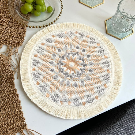 Tswift Hot Sale Round Placemat, Light Luxury Bohemian Style Woven Cotton Meal Pad Fabric Tassel Heat Insulation Pad Anti Scald Pot Pad Household Decorative Pad Features: