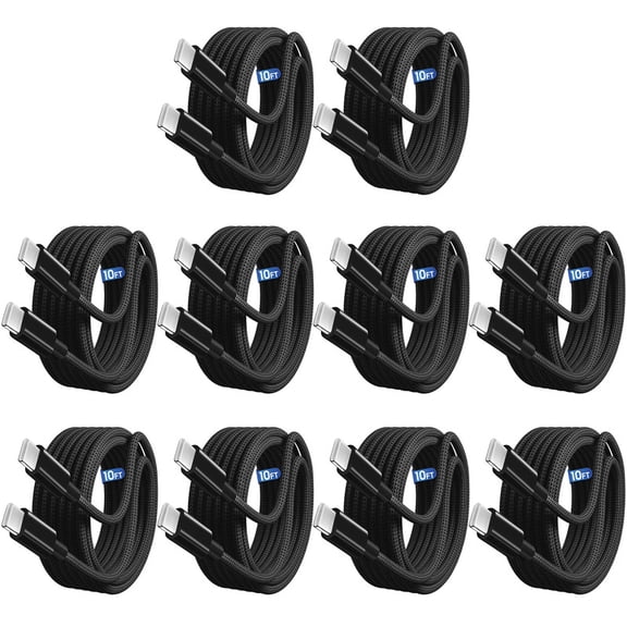 Ttech 10 Pack 60W USB-C to USB-C Fast Charger Charging Cable Compatible with iPhone 17 / 16 / 15 Pro Max Air models, iPad, MacBook, AirPods, Car Play Universal Type-C Cord Data and Sync (10ft, Black)