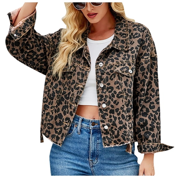Tthxqing Cropped Denim Jacket for Women Casual Leopard Printed Button Jean Jackets Classic Stretch Shacket Coats Brown XL