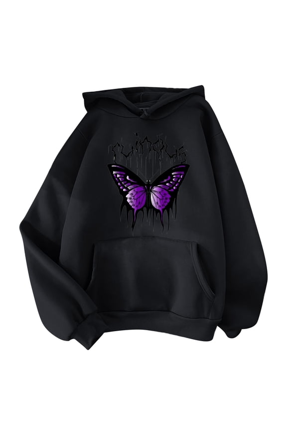 Tthxqing Plus Size Hoodies for Womens Causal Long Sleeve Butterfly Printed Hooded Sweatshirts V Neck Loose Fit Pullovers Tops with Pockets Black XL