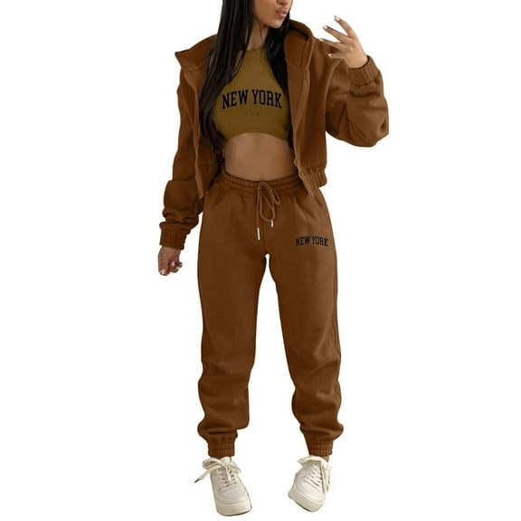Tthxqing Women 3 Piece Outfits 2025,Fall Trendy Full Zip up Hoodies Baggy Sweatpants Sleeveless"New York"Printed Tank Tops Lounge Set Travel Vacation Sets Brown S
