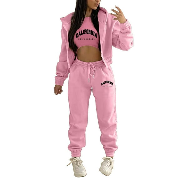 Tthxqing Women 3 Piece Outfits Sets,Trendy Full Zip Cropped Hoodies Baggy Sweatpants California Printed Tank Tops Fall Lounge Set Travel Vacation Sets X_Pink S