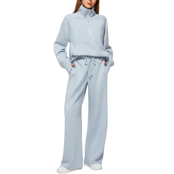 Tthxqing Women Outfits Sets Trendy 2 Piece Half Zip Sweatshirts with Pocket Baggy Wide Leg Pants Causal Loose Travel Lounge Tracksuit Sets Light Blue S