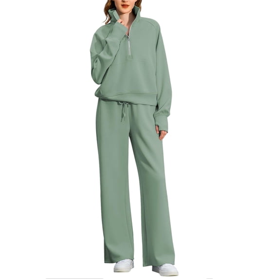 Tthxqing Women Outfits Sets Trendy 2 Piece Half Zip Sweatshirts with Pocket Baggy Wide Leg Pants Causal Loose Travel Lounge Tracksuit Sets Green M